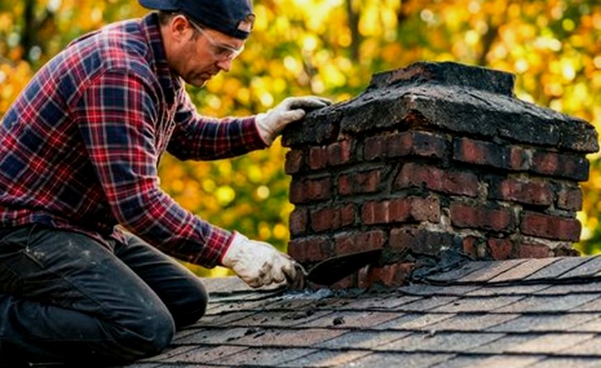 Mason finishing a chimney stack as evening settles