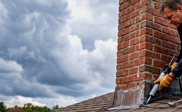 Sealant payed along the chimney flashing seam
